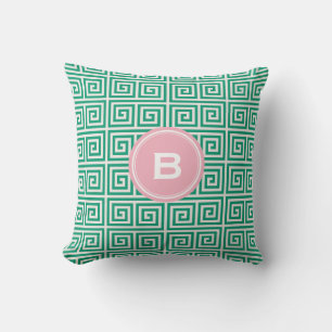 Chic green greek key geometric patterns monogram throw pillow