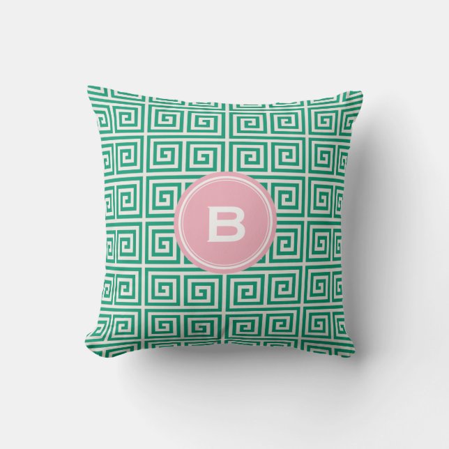 Chic green greek key geometric patterns monogram throw pillow (Front)