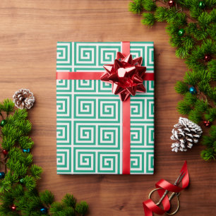 Chic green greek key geometric patterns monogram wrapping paper