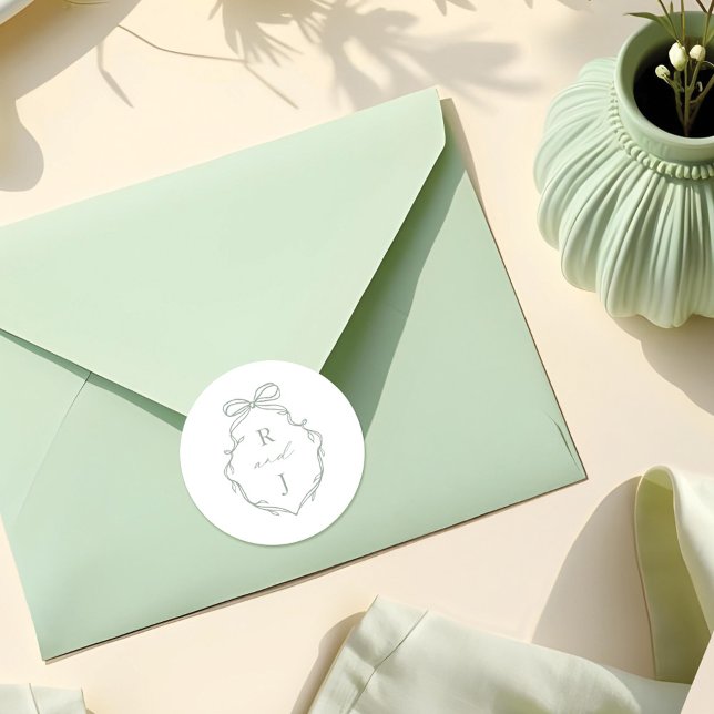 Chic Green Hand Drawn Bow & Ribbon Monogram Crest Classic Round Sticker (Chic Green Hand Drawn Bow & Ribbon Monogram Crest Classic Round Sticker)