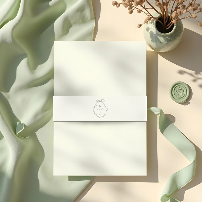 Chic Green Hand Drawn Bow & Ribbon Monogram Crest Invitation Belly Band (Chic Green Hand Drawn Bow & Ribbon Monogram Crest Invitation Belly Band)