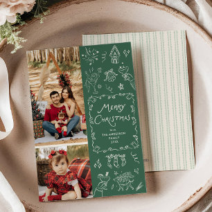 Chic Green Hand Drawn Icons Merry Christmas Photo Holiday Card