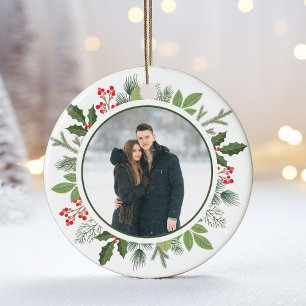 Chic Green Holly Christmas Wreath 2 Sided Photo Ceramic Ornament