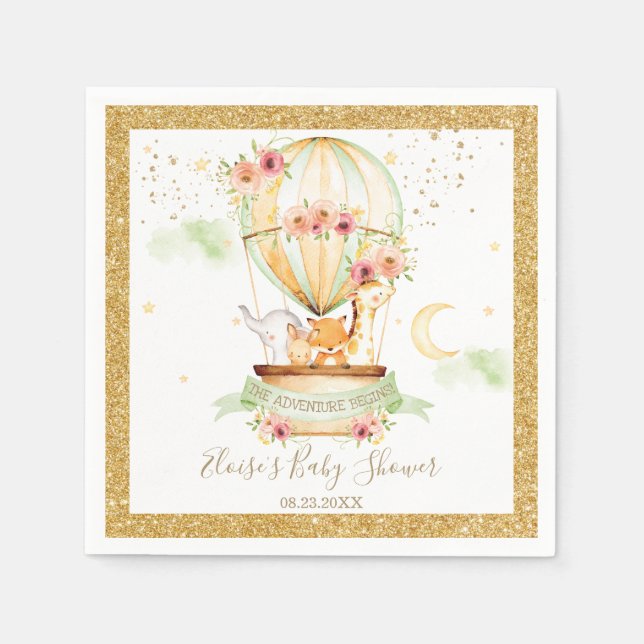 Chic Green Hot Air Balloon Baby Animals Neutral Napkins (Front)