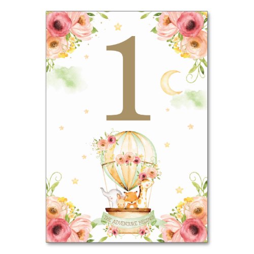 Chic Green Hot Air Balloon Baby Animals Neutral Table Number