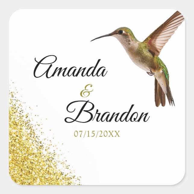 Chic Green Hummingbird and Gold Dust Wedding Square Sticker (Front)