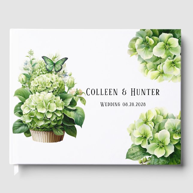 Chic Green Hydrangea Butterfly Wedding Guest Book (Front)