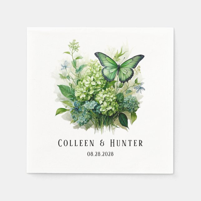 Chic Green Hydrangea Floral Butterfly Wedding  Napkins (Front)
