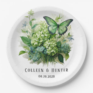 Chic Green Hydrangea Floral Butterfly Wedding Paper Plates