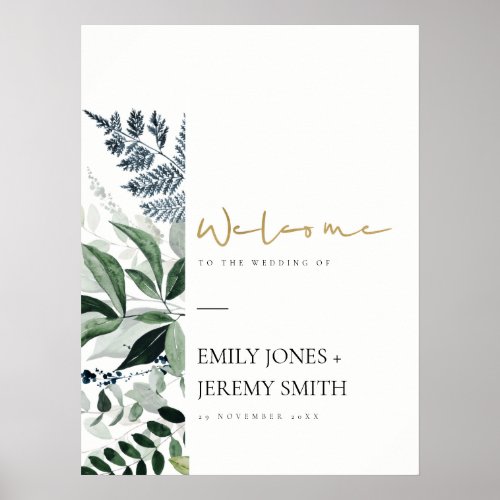 Chic Green Leafy Tropical Foliage Wedding Welcome Poster