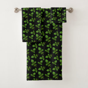 Chic Green Leaves on Black Bath Towel Set
