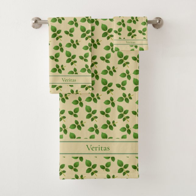Chic Green Leaves on Lucky Beige Bath Towel Set (Insitu)