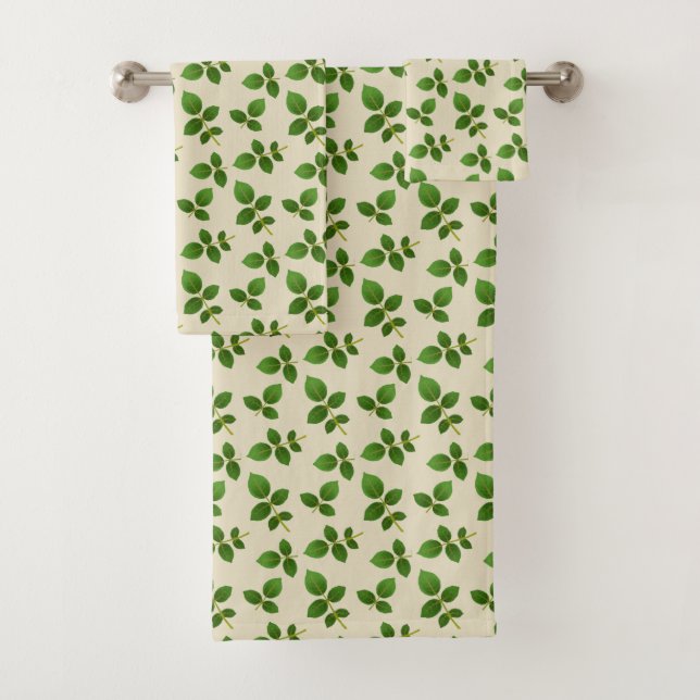 Chic Green Leaves on Sand Beige Bath Towel Set (Insitu)