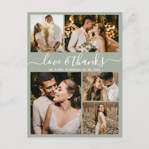 Chic Green Love and Thanks Wedding Thank You Postcard