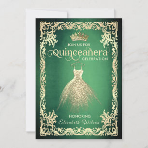 Chic green luxury gold dress tiara Quinceañera   Invitation