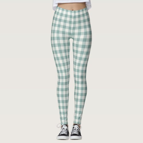 Chic Green Mint White Gingham Stripes Leggings