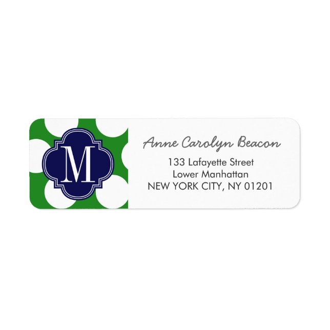 Chic Green & Navy Big Dots Monogrammed Label (Front)