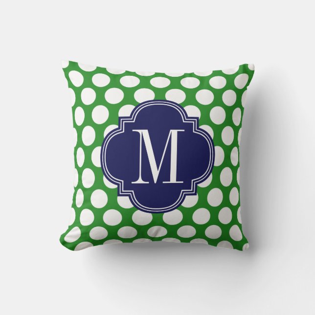 Chic Green & Navy Big Dots Monogrammed Throw Pillow (Front)