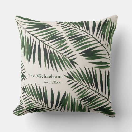Chic Green Palm Leaves on Natural Color Outdoor Pillow