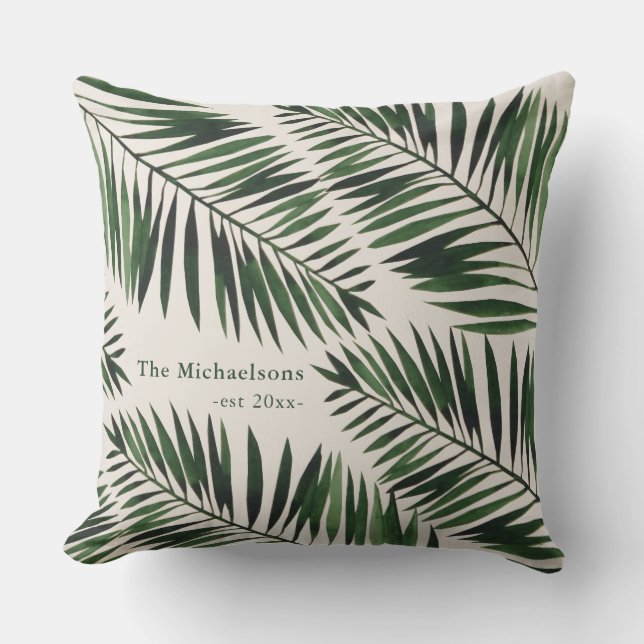Chic Green Palm Leaves on Natural Color Outdoor Pillow (Front)
