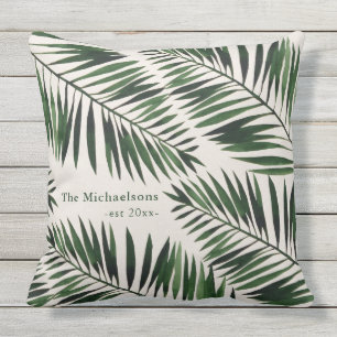Chic Green Palm Leaves on Natural Color Outdoor Pillow