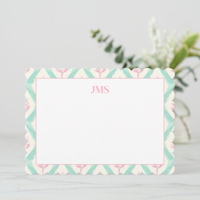Chic Green Pattern Monogram Stationary Note Card (Standing Front)