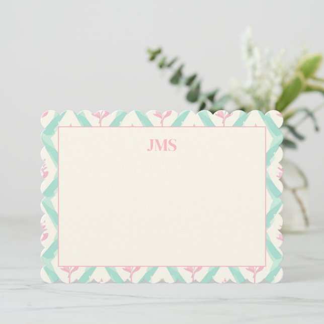 Chic Green Pattern Monogram Stationary Note Card (Standing Front)