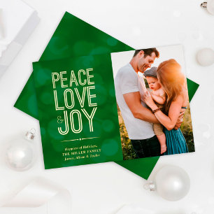 Chic Green Peace Love & Joy Photo Foil Holiday Card
