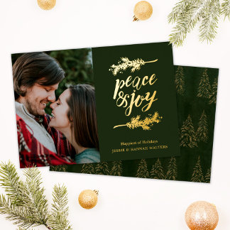 Chic Green Peace & Love Photo Foil Holiday Card