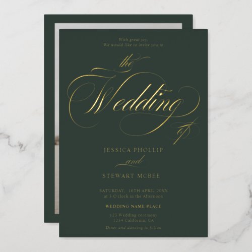 Chic green photo calligraphy wedding foil invitation
