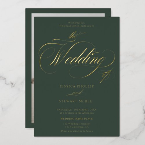 Chic green photo calligraphy wedding gold foil invitation