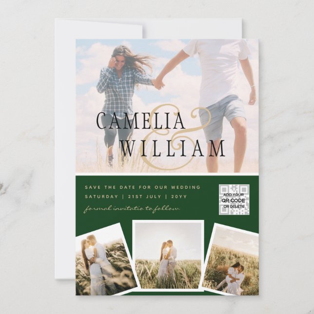 Chic Green Photo Wedding Invite QR Code Save Date (Front)