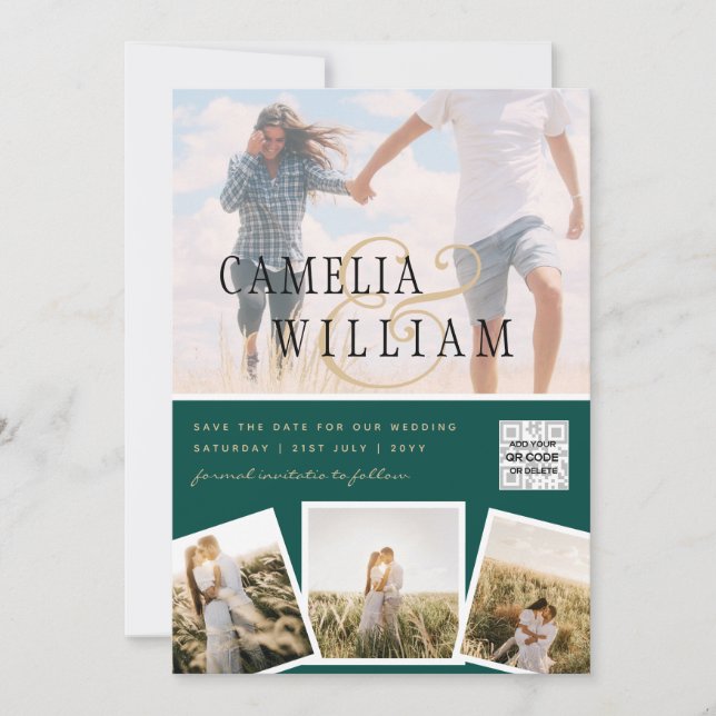 Chic Green Photo Wedding Invite QR Code Save Date (Front)