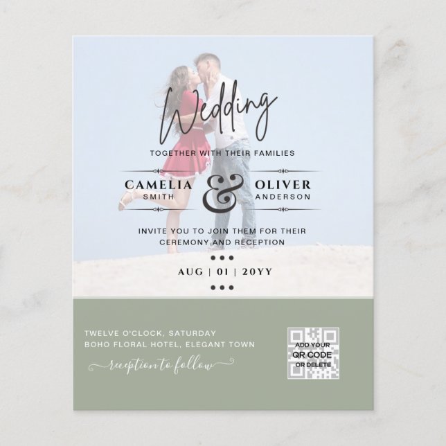 Chic Green Photo Wedding Invite QR Code Save Date Flyer (Front)