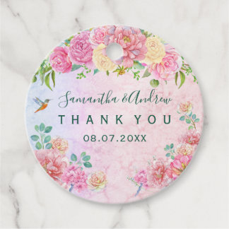 Chic Green & Pink Delicate Watercolor Floral Tnx Favor Tags