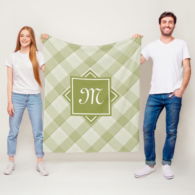 Chic Green Plaid With Modern Diagonal Monogram Fleece Blanket (In Situ)