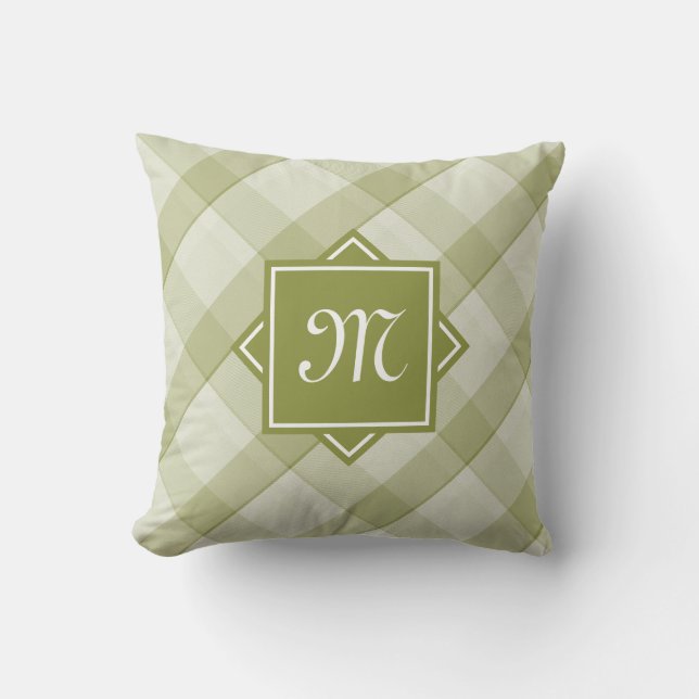 Chic Green Plaid With Modern Diagonal Monogram Throw Pillow (Front)