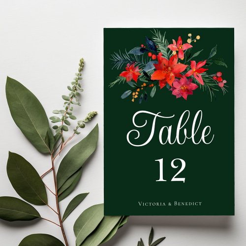 Chic Green Poinsettia Floral Holiday Wedding Table Number