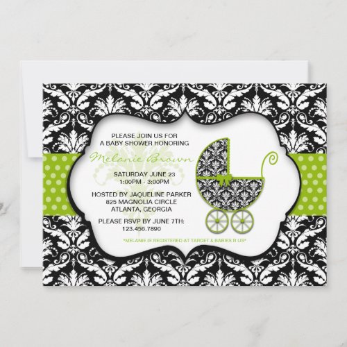 Chic Green Polka Dot Damask Baby Shower Invite