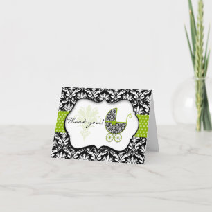 Chic Green Polka Dot Damask Baby Shower Thank You Card