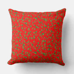 Chic Green Poppy Buds Pattern on Bright Red Throw Pillow