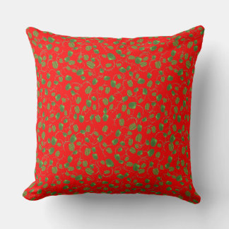 Chic Green Poppy Buds Pattern on Bright Red Throw Pillow