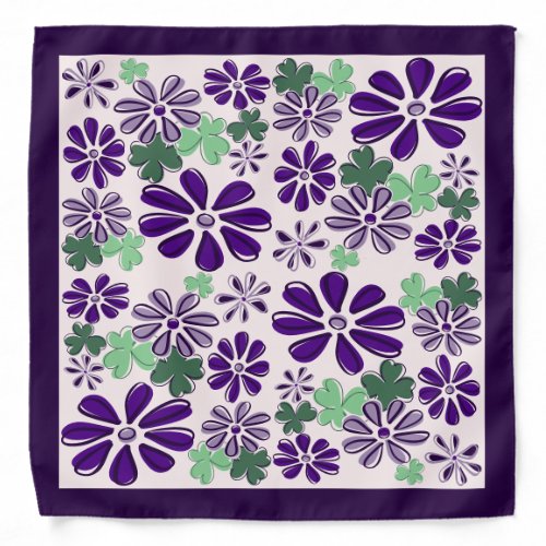 Chic Green Purple Flower Doodle Pattern Bandana