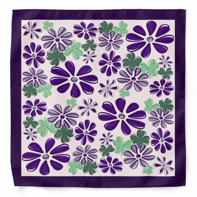 Chic Green Purple Flower Doodle Pattern Bandana (Front)