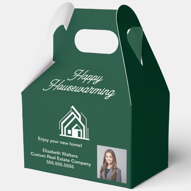 Chic Green Real Estate Agent Photo Housewarming Favor Boxes (Front)