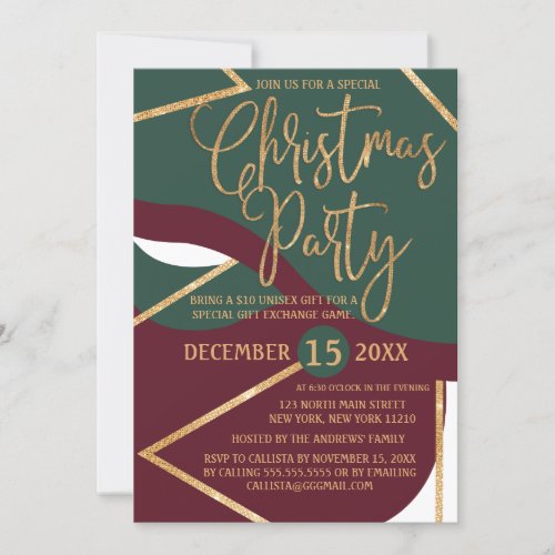 Chic Green Red Gold Glitter Geo Christmas Party Invitation