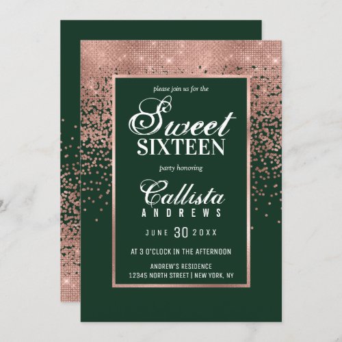 Chic Green Rose Gold Glitter Confetti Sweet 16 Invitation