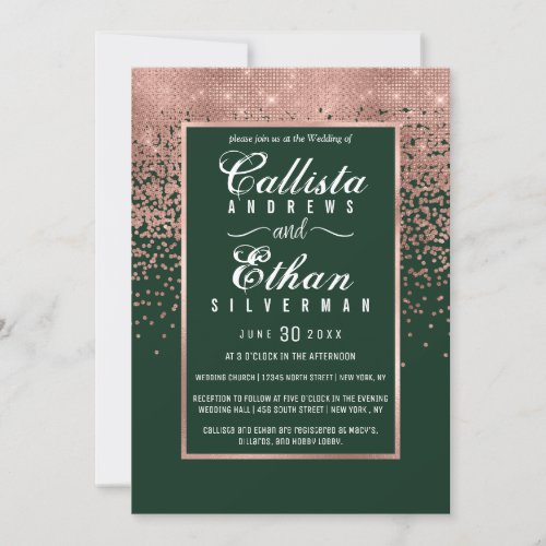 Chic Green Rose Gold Glitter Confetti Wedding Invitation