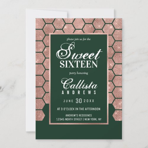 Chic Green Rose Gold Glitter Hexagon Geo Sweet 16 Invitation