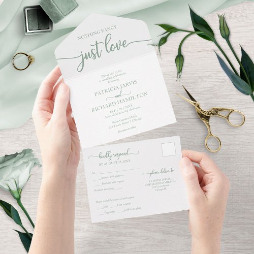 Chic Green Sage Calligraphy Casual Wedding All In One Invitation